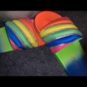 RAINBOW SLIDE SANDALS WITH RHINESTONES